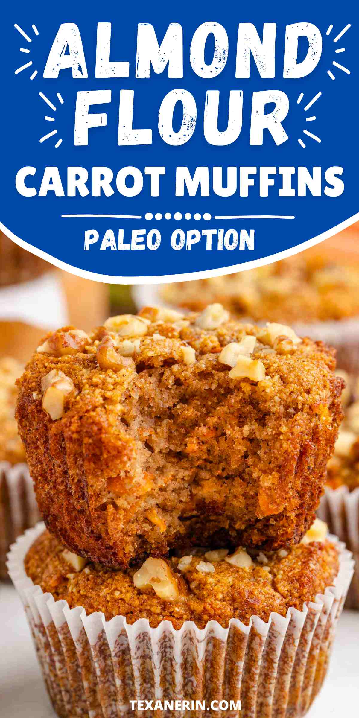 pin graphic for almond flour carrot muffins with a text saying paleo option