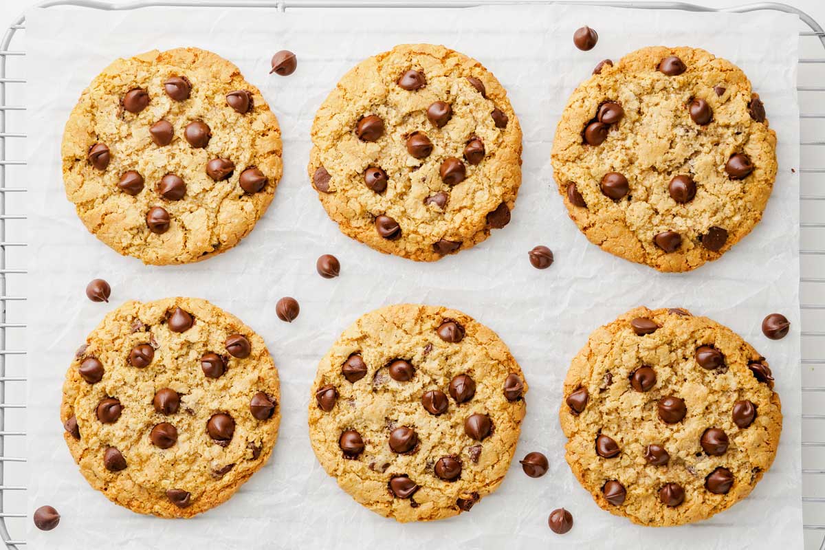 Almond flour oatmeal cookies with chocolate chips sitting on a piece of white parchment paper on top of a cooling tray.