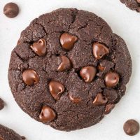 Close-up photo of almond flour cocoa cookies with chocolate chips