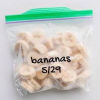 Photo of frozen sliced bananas in a freezer bag that is dated