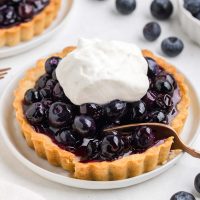 Image of a blueberry tartlet with a golden brown crust and a dollop of whipped cream with a fork cutting a bite with fresh blueberries in the background.