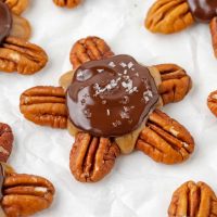 Close-up photo of chocolate turtles showing the pecans jutting out of the caramel center that is covered in chocolate with a sprinkle of salt against a white background