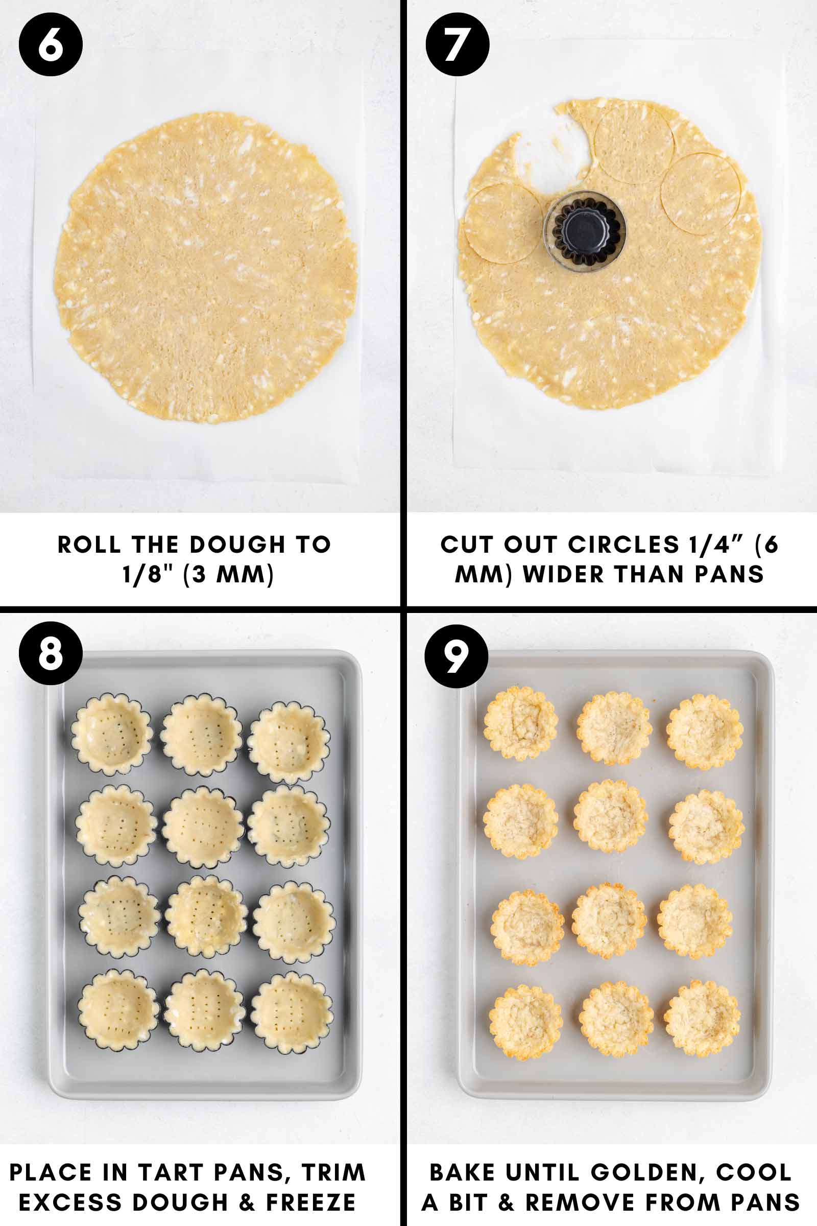 rolling out the tart dough, placing in pans, and baking