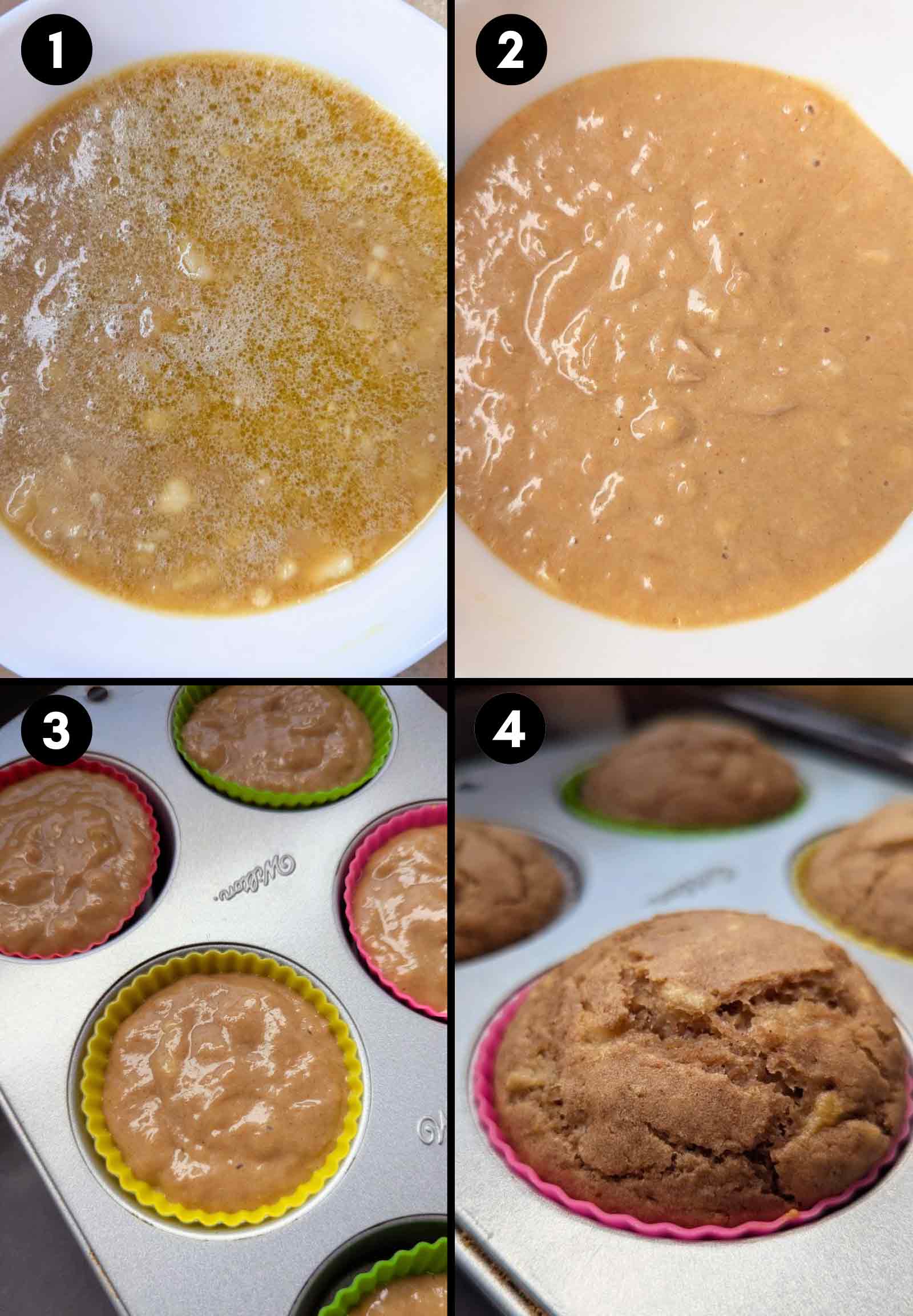 step by step collage showing mixing together dry ingredients, finished batter, batter in the muffin liners, baked muffins