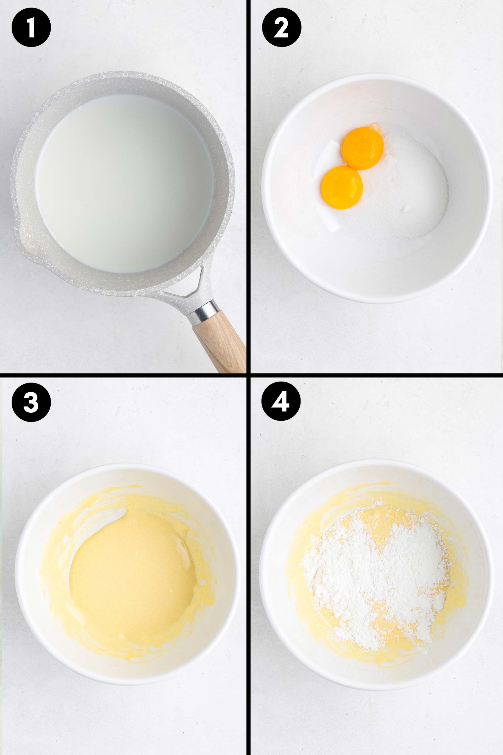 collage showing egg yolks being mixed with sugar and adding cornstarch to the pastry cream mixture