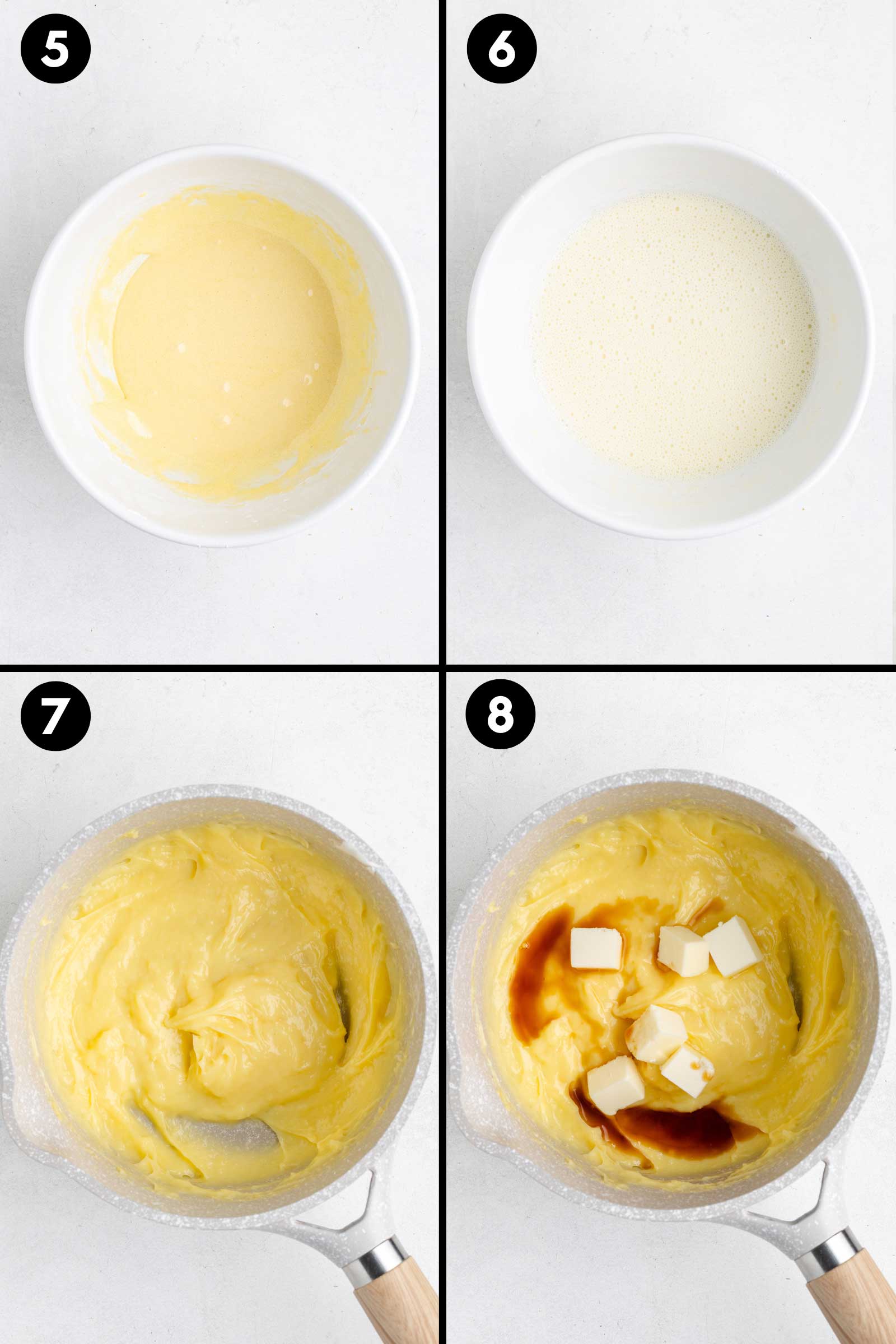 collage showing pastry cream ingredients being mixed