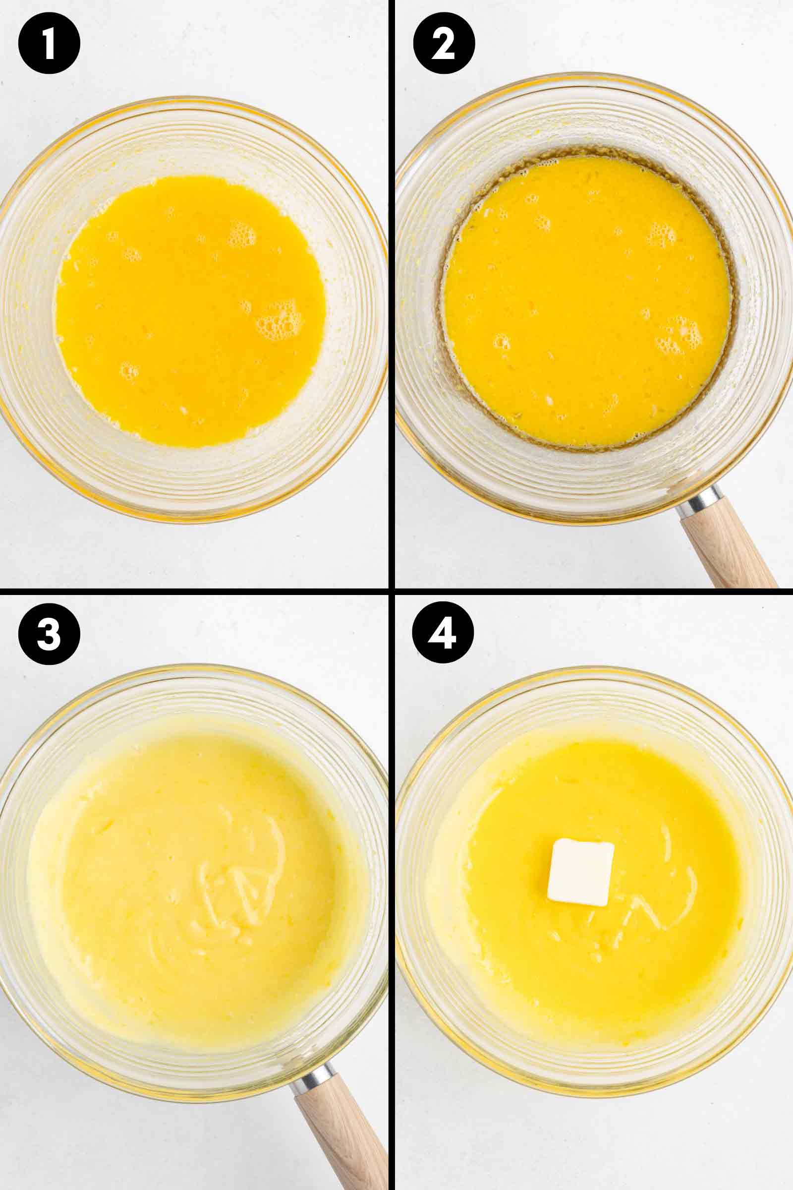 collage showing the mixing of eggs and sugar, warming it, and mixing in butter to make lemon curd