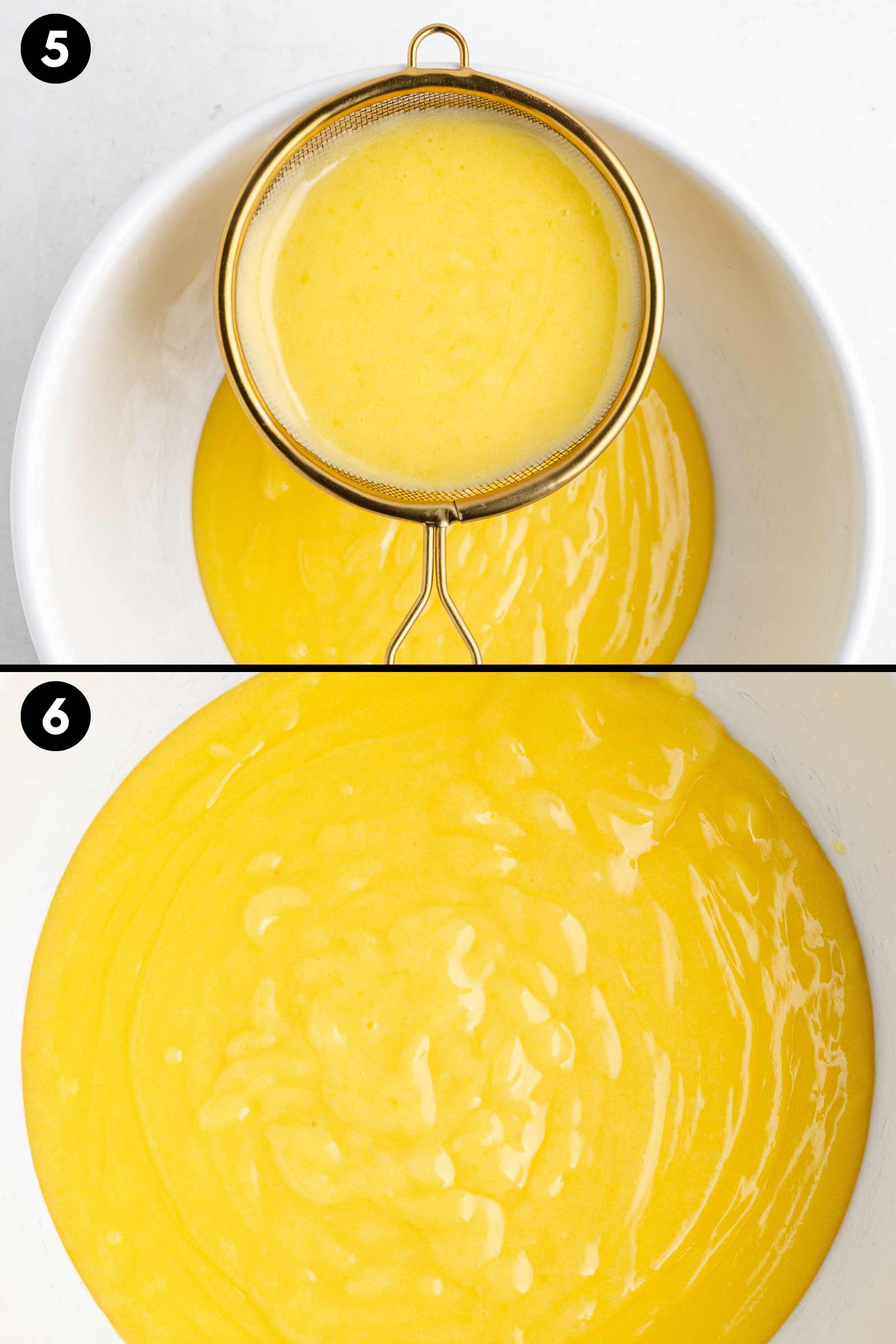 collage showing straining lemon curd into the bowl and the finished lemon curd in the bowl