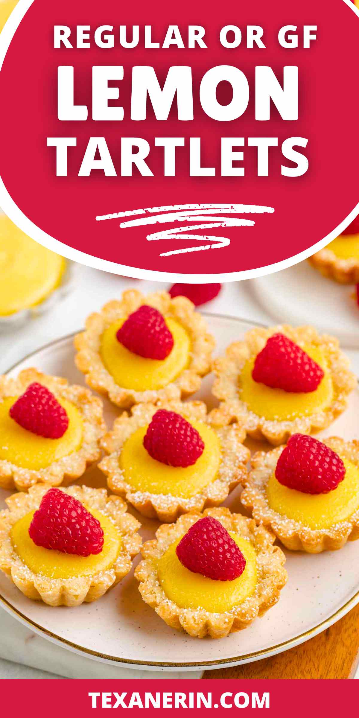 pinterest graphic with lemon tartlets sitting on a white plate with a text saying regular or gluten-free