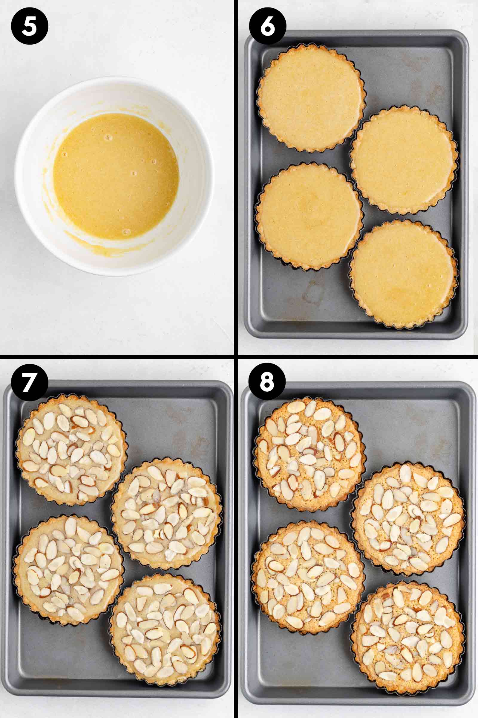 adding almond flour to frangipane filling and pouring to the crusts